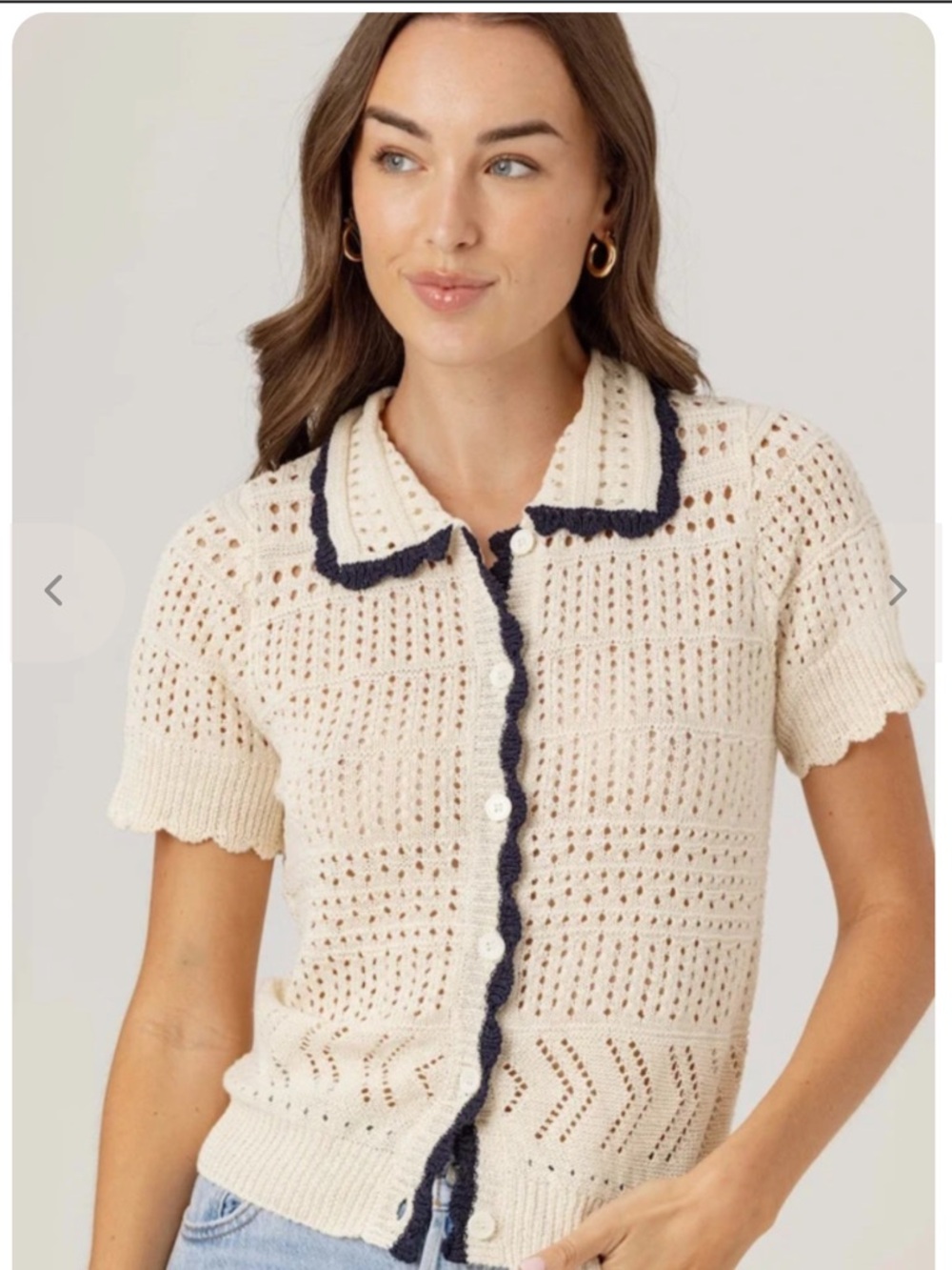 NWT Sundays Agnes Knit Crochet Collared Button-Up with Navy Trim